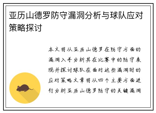 亚历山德罗防守漏洞分析与球队应对策略探讨