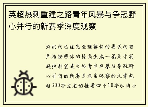 英超热刺重建之路青年风暴与争冠野心并行的新赛季深度观察