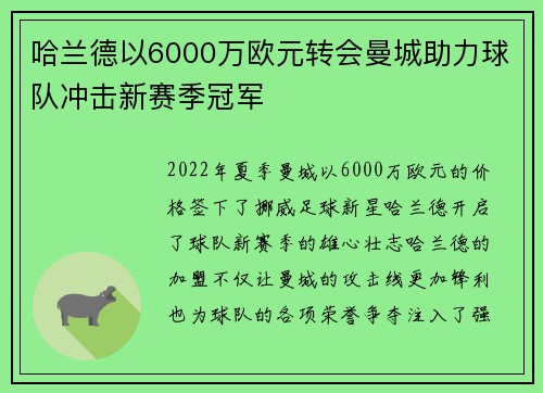 哈兰德以6000万欧元转会曼城助力球队冲击新赛季冠军